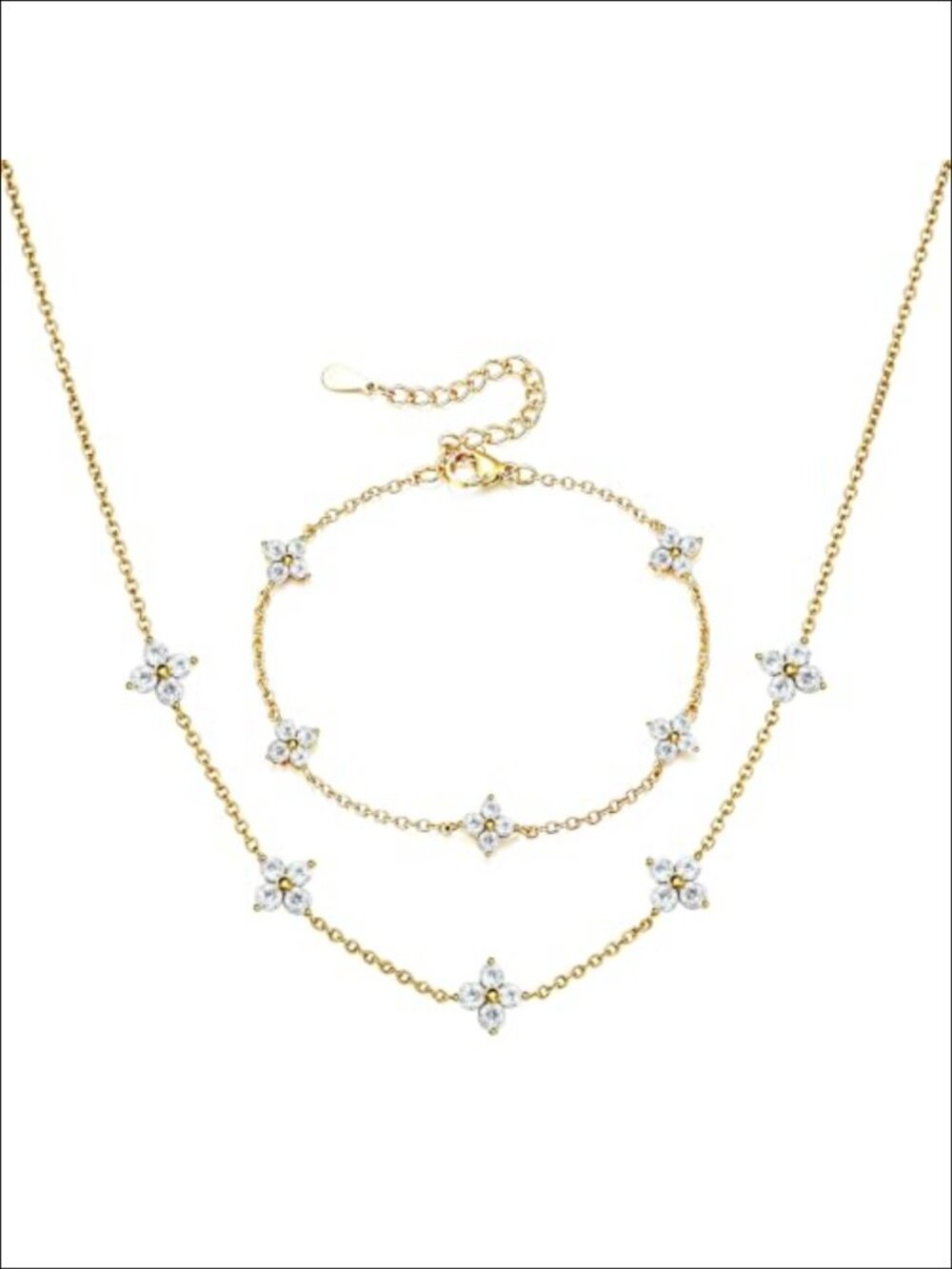 CZ Four Leaf Clover Necklace Bracelet Set Women Dainty Jewelry